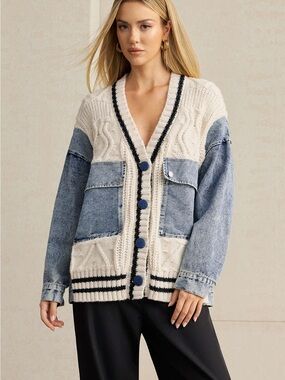 The Micas Denim Patchwork Knit Outerwear jacket sweater oversized